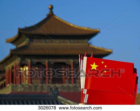 Chinese flags with traditional building in the background, Beijing, China View Large Photo Image Stock Photo - Chinese flags with traditional building in the background, Beijing, China . Fotosearch