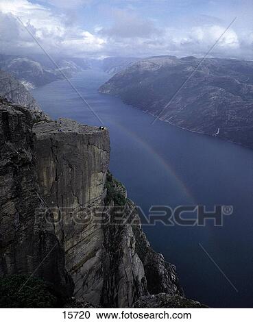 Stock Image - Cliff at riverside, Preikestolen, Lysefjord, Rogaland County, Norway . Fotosearch
