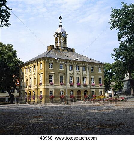 Stock Photo - Clock tower on city hall building, Town Hall, Brandenburg, Germany . Fotosearch