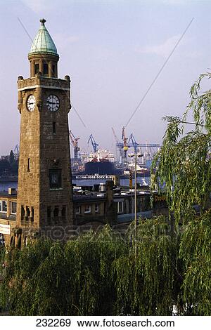 Stock Photo - Clock tower on harbor, St. Pauli, Hamburg, Germany . Fotosearch