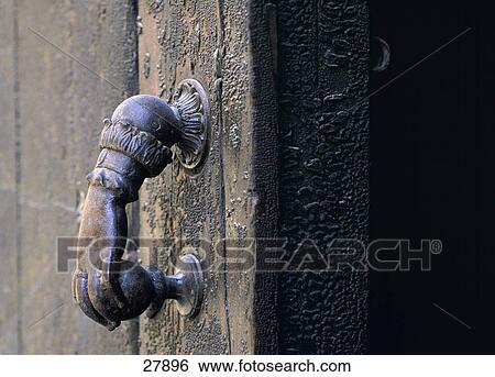 Stock Photograph - Close-up of old metal door knob, Alquezar, Huesca, Aragon, Spain . Fotosearch