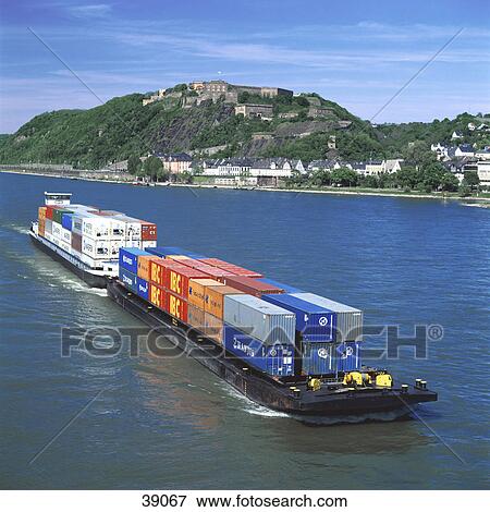 Container ship in river, Rhine River, Ehrenbreitstein Fortress, Koblenz, Germany View Large Photo Image Stock Photo - Container ship in river, Rhine River, Ehrenbreitstein Fortress, Koblenz, Germany . Fotosearch