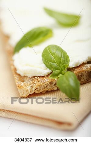 Crispbread with cream cheese and basil, close-up View Large Photo Image Stock Photo - Crispbread with cream cheese and basil, close-up . Fotosearch