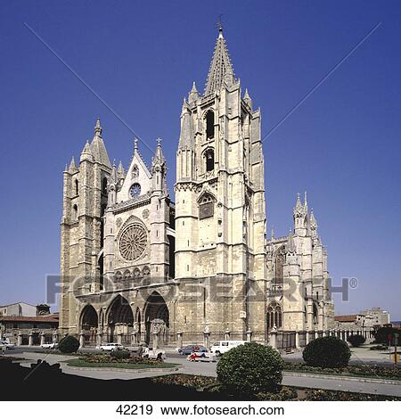 Stock Photo - Facade of cathedral, Leon Cathedral, Leon, Spain . Fotosearch