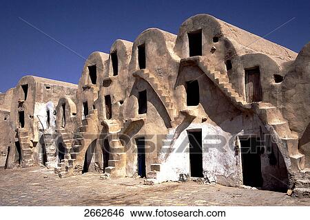 Stock Photograph - Facade of fortified granary, Ksar Ouled Soltane, Tataouine, Tunisia . Fotosearch