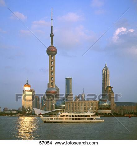 Picture - Ferry in front of skyline, Pudong, Shanghai, China, Asia . Fotosearch