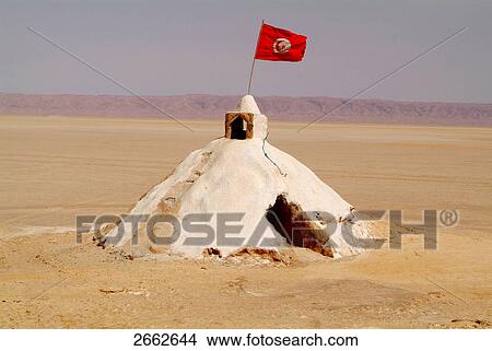 Picture - Flag fluttering in salt lake bed, Chott el Jerid, Tunisia . Fotosearch