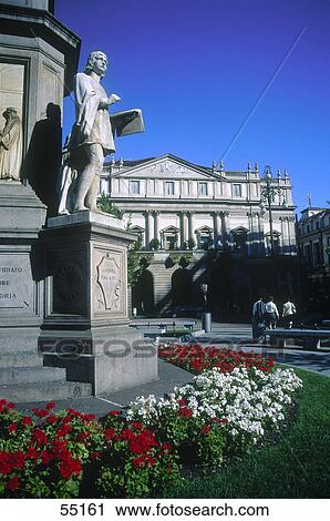Stock Image - Formal garden in front of opera house, La Scala, Milan, Lombardy, Italy . Fotosearch