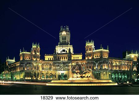 Stock Photo - Fountain in front of palace, Fuente de la Cibeles, Palacio De Comunicaciones, Madrid, Spain . Fotosearch