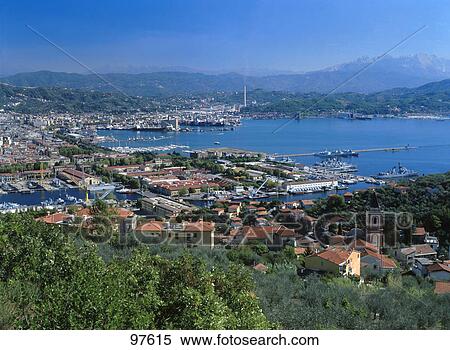 Stock Photography - High angle view of a port, Italian Riviera, La Spezia, Liguria, Italy . Fotosearch