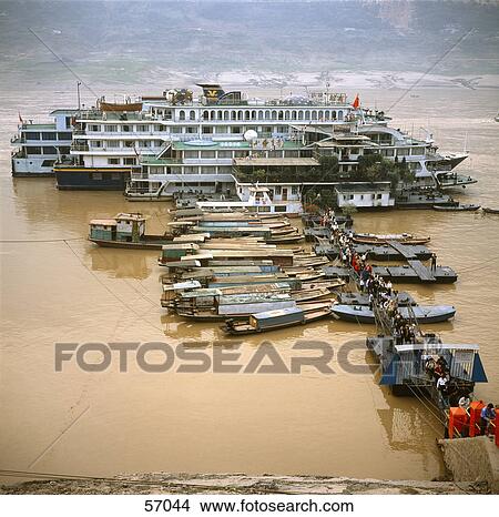 Picture - High angle view of boats in the river Yangtze, China . Fotosearch