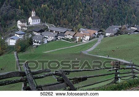 Stock Image - High angle view of church and houses in village, Katharinaberg, Schnals Valley, Tyrol, Italy . Fotosearch