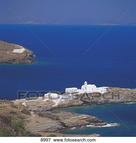 Stock Photo - High angle view of church at coast, Chrysopigi Church, Chrysopigi, Panagia, Sifnos, Cyclades Islands, Greece . Fotosearch