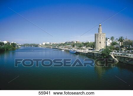 Stock Image - High angle view of Guadalquivir river, Spain, Europe . Fotosearch