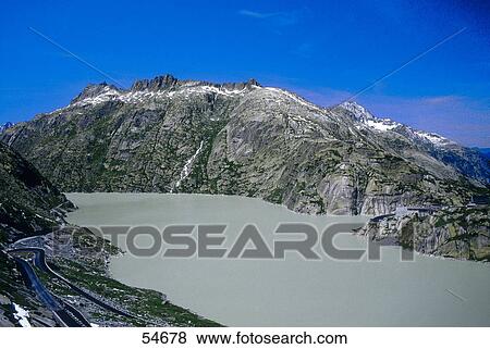 Stock Photo - High angle view of lake, Lake Grimsel, Switzerland . Fotosearch