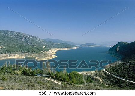 Stock Photo - High angle view of river, Entrepenas Dam, Cuenca, Cuenca Province, Spain . Fotosearch