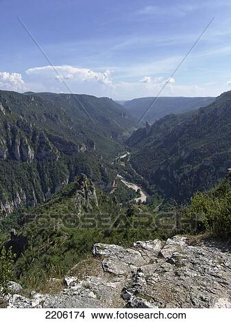 High angle view of river flowing through mountains, Point Sublime, Lozere, Languedoc-Roussillon, France View Large Photo Image Picture - High angle view of river flowing through mountains, Point Sublime, Lozere, Languedoc-Roussillon, France . Fotosearch