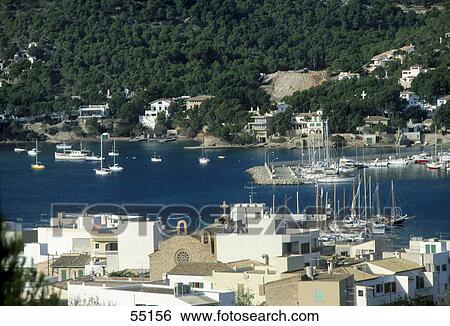Stock Photograph - High angle view of sailboats in sea, Port Andratx, Majorca, Balearic Islands, Spain . Fotosearch