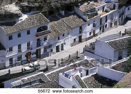 Stock Image - High angle view of street, Setenil, Andalusia, Spain . Fotosearch