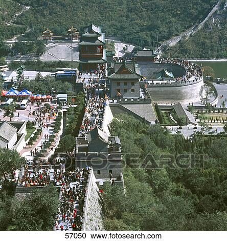 Stock Image - High angle view of tourists on Great Wall of China, Beijing, China, Asia . Fotosearch