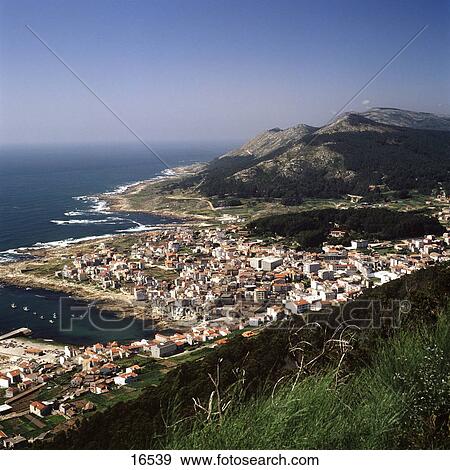 High Angle View Of Town At Coast Mt Santa Tecla Galicia Spain Stock Photo Fotosearch