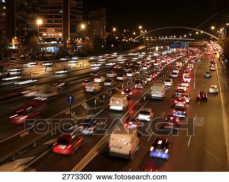 High angle view of traffic on road at night View Large Photo Image Stock Image - High angle view of traffic on road at night . Fotosearch