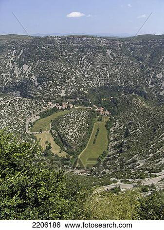 High angle view of valley, Cirque de Navacelles, Languedoc-Roussillon, France View Large Photo Image Stock Photograph - High angle view of valley, Cirque de Navacelles, Languedoc-Roussillon, France . Fotosearch
