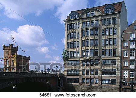 Stock Image - Houses in city, Alsterfleet, Hamburg, Germany . Fotosearch