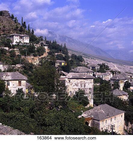 Houses on hill, Gjirokaster, Albania View Large Photo Image Picture - Houses on hill, Gjirokaster, Albania . Fotosearch