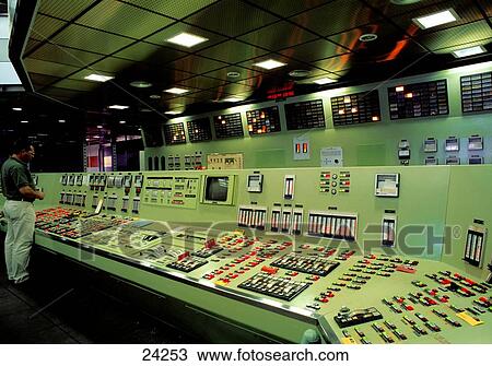 Stock Image - Interiors of control room of thermoelectric power plant . Fotosearch