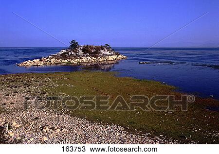 Island In The Sea Waters Under Clear Blue Sky Lake Scutari Shkodra Albania Stock Image Fotosearch