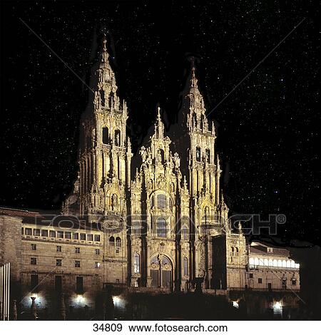 Stock Photo - Low angle view of cathedral, Cathedral Of Santiago De Compostela, A Coruna, Galicia, Spain . Fotosearch