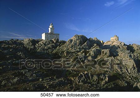 Stock Photo - Low angle view of lighthouse, Capo Testa, Sardinia, Italy . Fotosearch