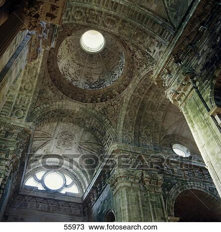Stock Image - Low angle view of ornate ceiling of church, Galicia, Spain, Europe . Fotosearch