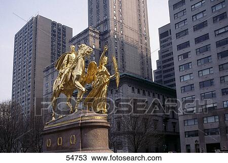 Stock Image - Low angle view of statues at monument, Gen. Sherman Monument, Central Park, Manhattan, New York City, New York State, USA . Fotosearch