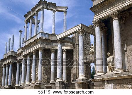 Stock Photo - Old ruin of theatre building, Roman Theatre, Merida, Extremadura, Spain . Fotosearch