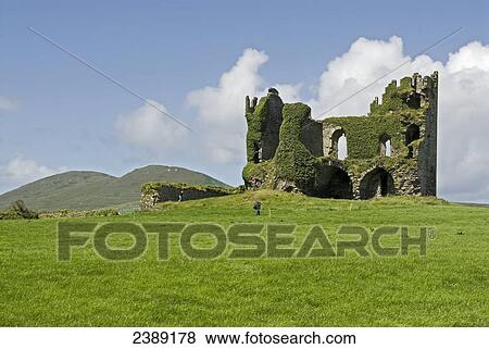Old ruins of castle on hill, Ballycarbery Castle, Iveragh Peninsula, County Kerry, Munster, Ireland View Large Photo Image Stock Photo - Old ruins of castle on hill, Ballycarbery Castle, Iveragh Peninsula, County Kerry, Munster, Ireland . Fotosearch