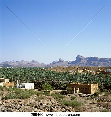 Stock Image - Palm trees and mud buildings on landscape, Al Hamra, Oman . Fotosearch