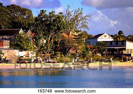Stock Photo - People on beach at village, Barbados, Antilles, West Indies . Fotosearch