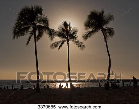 Stock Photography - People on Waikiki Beach at sunset, Honolulu, USA . Fotosearch