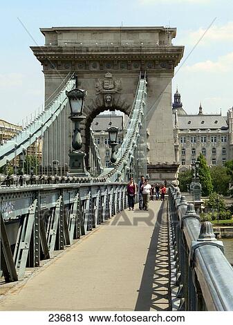 People walking on chain bridge, Budapest, Hungary View Large Photo Image Stock Image - People walking on chain bridge, Budapest, Hungary . Fotosearch