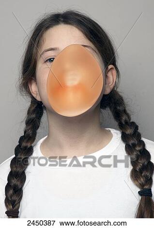 Stock Photo - Portrait of girl blowing chewing gum . Fotosearch