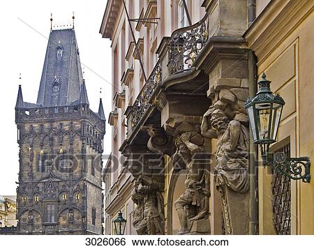 Powder Tower in Prague, old house facade in the foreground, Czech Republic, low angle view View Large Photo Image Stock Photograph - Powder Tower in Prague, old house facade in the foreground, Czech Republic, low angle view . Fotosearch