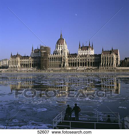 Stock Photo - Reflection of government building in water, Danube River, Budapest, Hungary . Fotosearch
