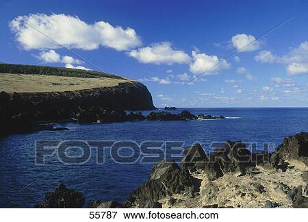 Rock formations at volcanic coast, Easter Island, Chile View Large Photo Image Stock Photo - Rock formations at volcanic coast, Easter Island, Chile . Fotosearch