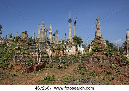 Stock Photo - Run down pagodas at Lake Inle, Myanmar . Fotosearch