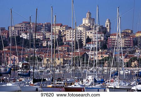 Stock Image - Sailboats at harbor, Imperia, Liguria, Italy . Fotosearch