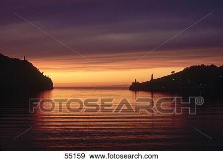 Stock Photo - Sea at sunset, Port De Soller, Majorca, Balearic Islands, Spain . Fotosearch