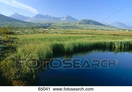 Stock Image - Sky reflected in lake water with mountains in the background, Fjell, Northfjord, Norway . Fotosearch