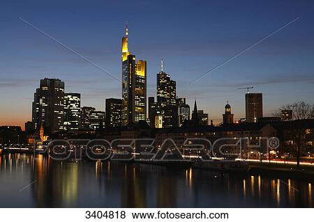 Skyline of Frankfurt at twilight, Germany View Large Photo Image Stock Photo - Skyline of Frankfurt at twilight, Germany . Fotosearch